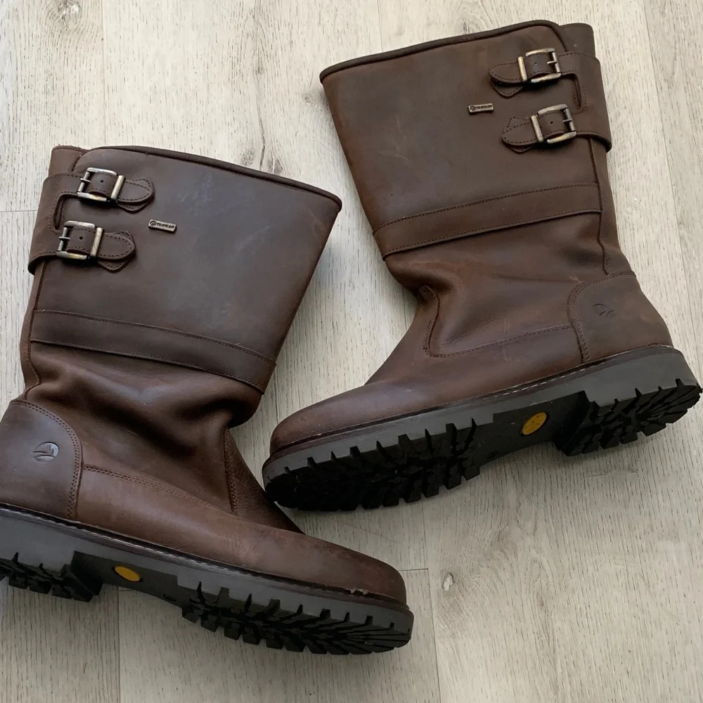 Traveling brown leather boots size 46 moto distressed zipper buckle work farm